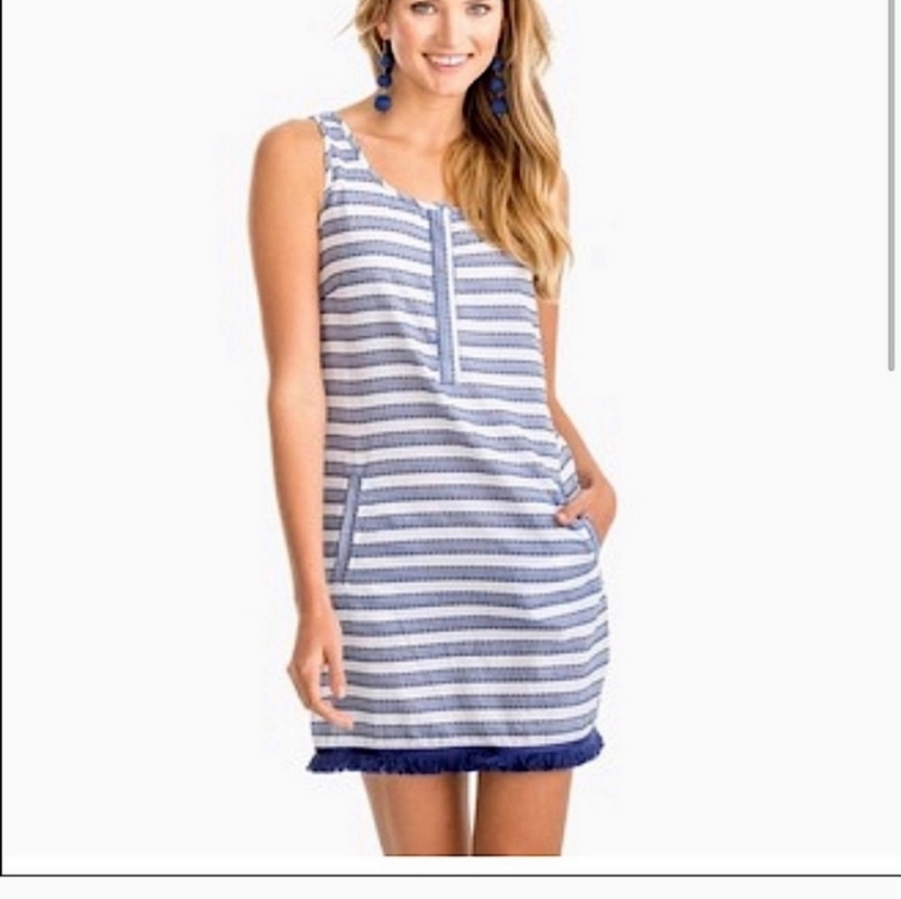 Southern Tide Blue Night Striped Fringe Hem Shift Drss Sz.Med NWT